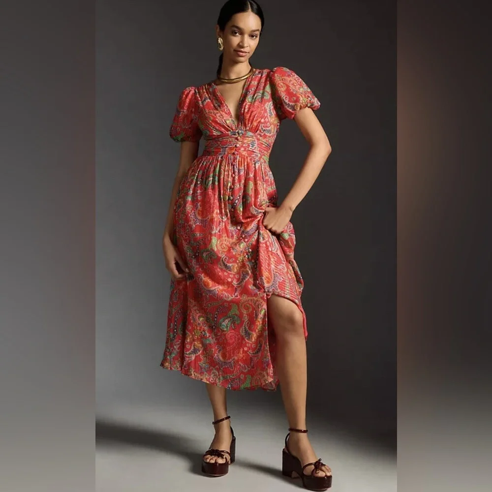 Anthropologie The Katerina
Lurex Button Front Dress in Red Paisley Size 8 - Picture 1 of 10